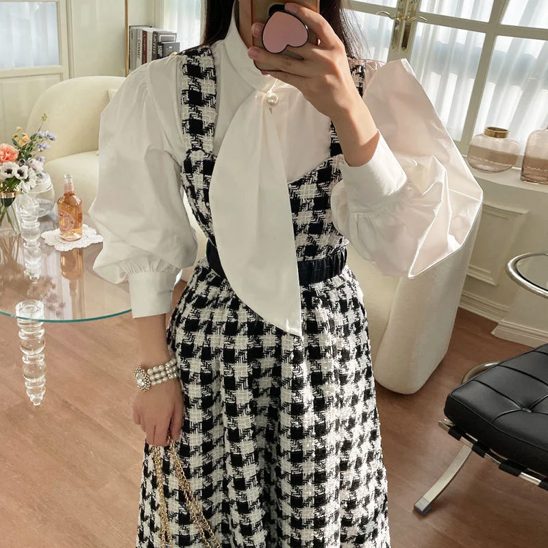 Autumn French Chic Ribbon Pearl Long Sleeve Shirt+ Plover Case Vest Long Dress with Belt Elegant Sweet Two-piece Women Set 1567