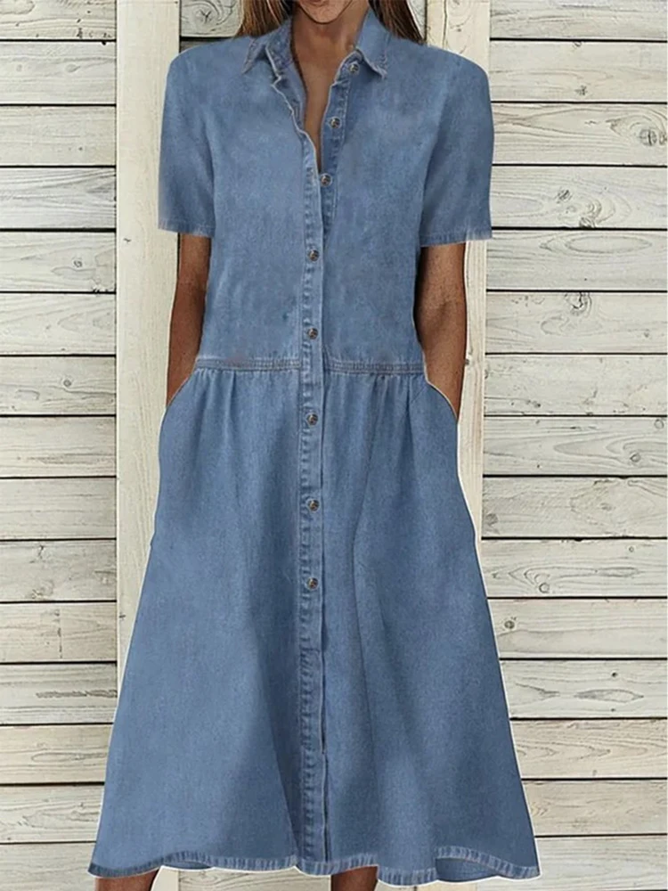 Summer Short Sleeve Shirt Dress Women Button Patchwork Blue Denim Loose  Midi Dress Pockets Casual Pocket Long Dresses 2024