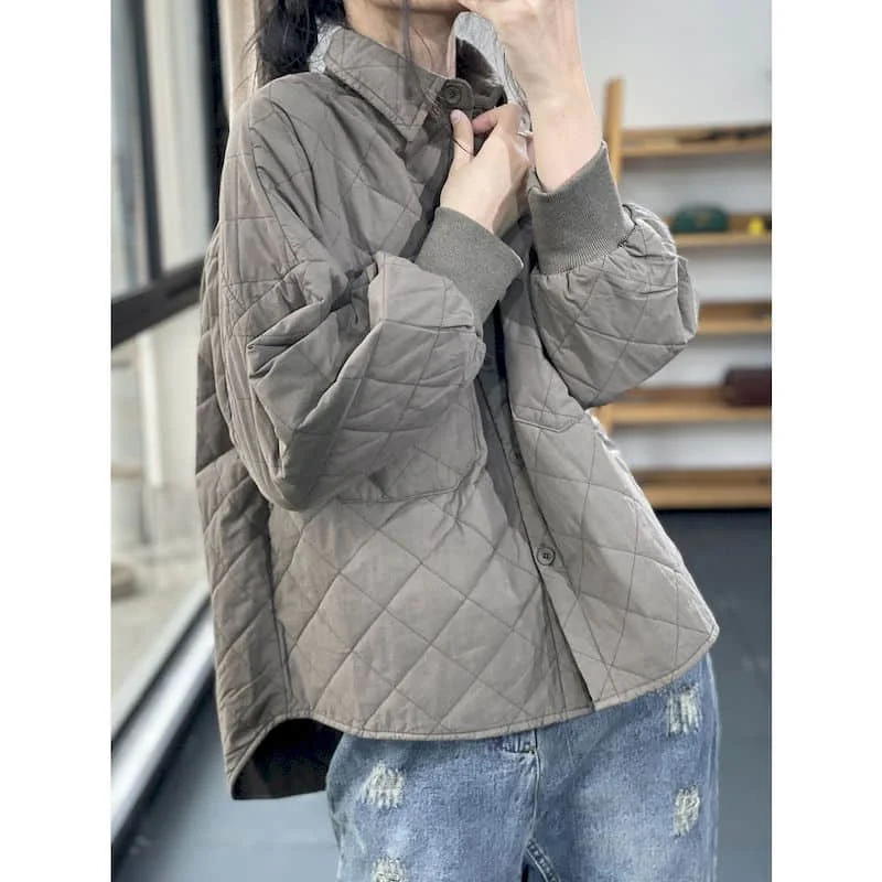 

Quilted Shirts for Women Polo-neck Vintage Oversized Cardigans Long Sleeve Casual Coats Korean Style Solid Cotton-padded Clothes