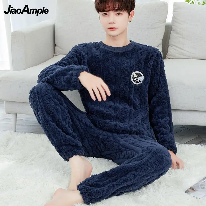 Pajamas Men's Winter Long Sleeve Trousers Warm Pijama Sleepwear Set 2022 New Loose Plush Thickened Flannel Pyjamas Homewear