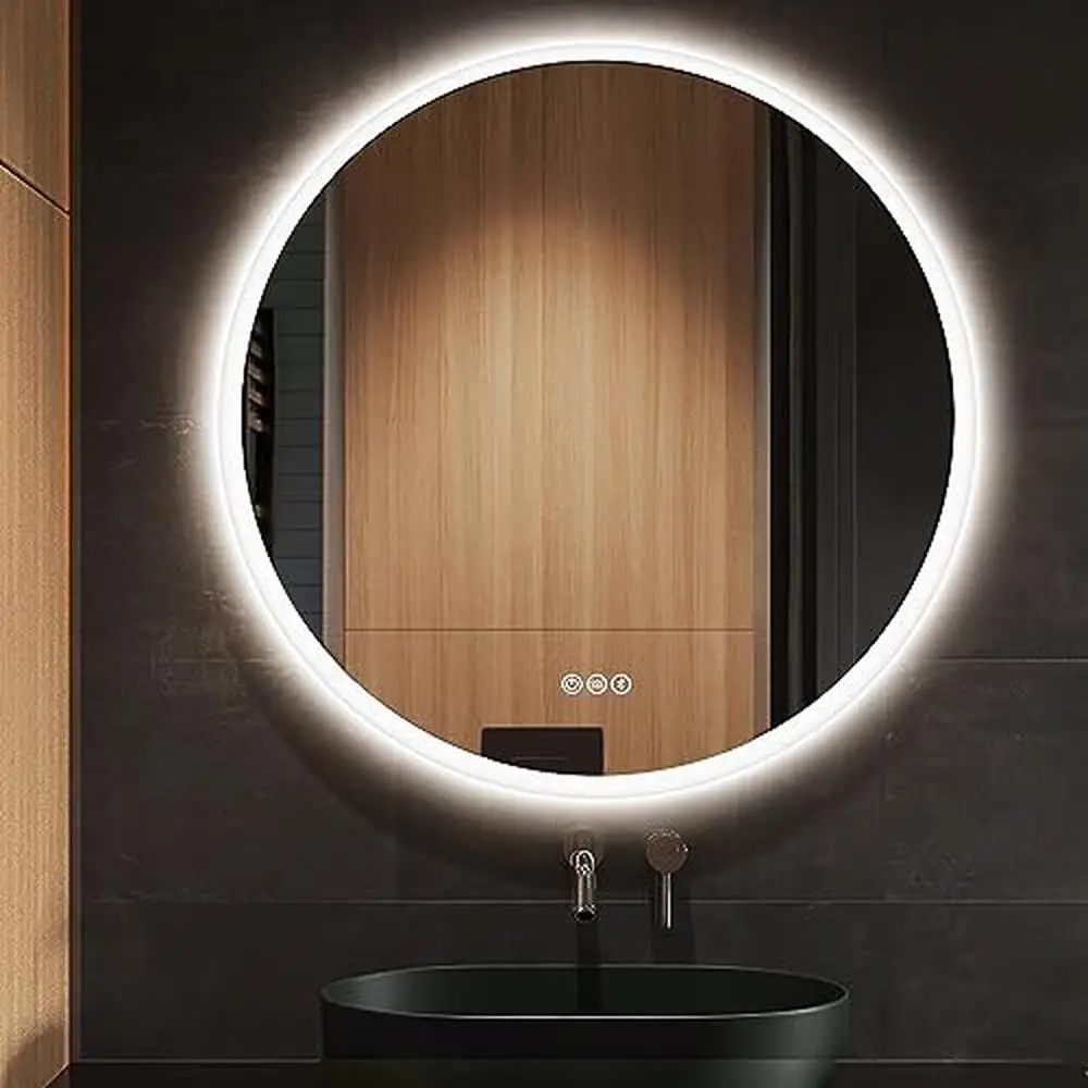 32'' Round LED Bathroom Vanity Mirror Backlit with Front Light Touch Control Bluetooth Speaker Anti-Fog Wall Mounted Makeup