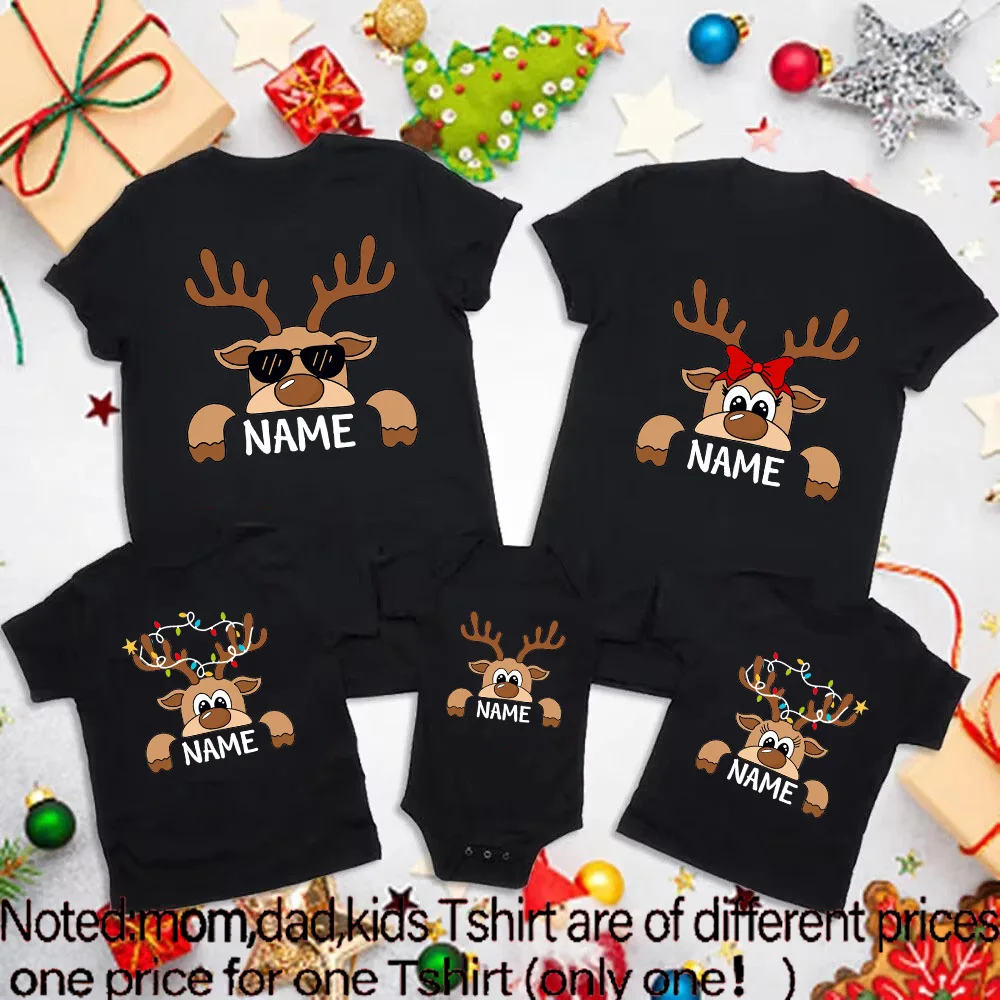 thumbnail image 1 of Ropa con nombre de familia personalizada, camiseta familiar de Navidad personalizada, estampado de reno navideño, camiseta para padre, madre e hijos, mameluco para bebé, 1 of 5