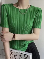 Femme vêtements haut femmes Miyake plissé à manches courtes femme été mince élastique col rond Joker mince plissé creux T-shirt 3