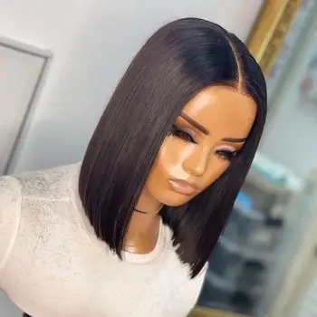 Short Bob Cut Black Color Bone Straight 13X4X1 Lace Front Wigs Synthetic Wig Prepluck With Baby Hair Bleached Knot Glueless Wig