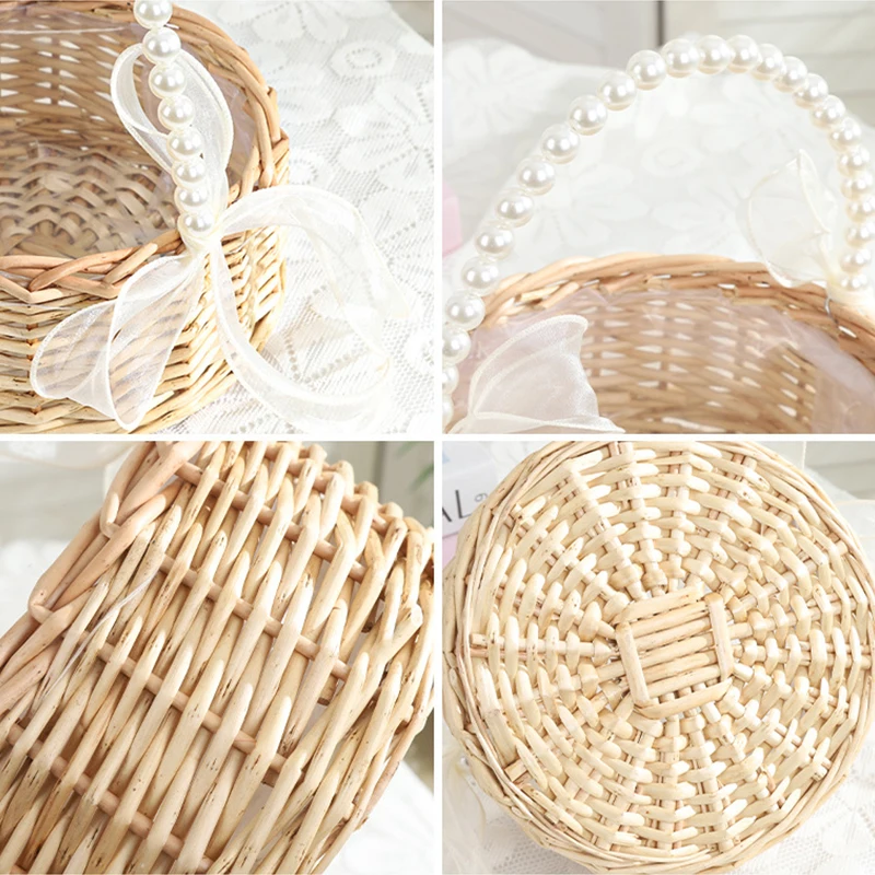 Wicker Rattan Flower Child Basket With Pearl Handle And Bow Hand Woven Easter Basket Wicker Basket Wedding Party Home Decoration 5