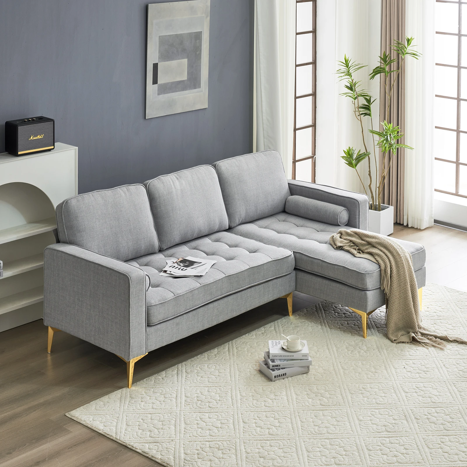 

218*141*87cm Burlap Diamond Electroplated Gold Trident Legs Three Seats With Footstool Indoor Modular Sofa