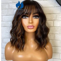 Amethyst Highlight Brown Bob Wig With Bangs For Women Glueless Full Machine Made Scalp Top Human Hair Wig Wavy Short Bob Remy