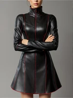 Women Pleated A-Line PU Leather Dress Long Sleeve Grunge Vintage Casual High Street Turtleneck Long Sleeve Mini Dresses 2025 - Image 4