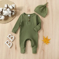 Newborn Baby Boy Clothing Outfits Solid Color Ribbed Long Sleeve Romper Jumpsuit with Hat for Infant Toddler Fall Clothes 2