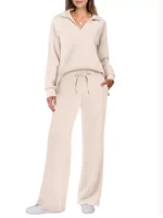 2025 European and American Autumn and Winter New Fashion Casual Women's Long Sleeved Drawstring Solid Color Commuting Pants Set - Image 2