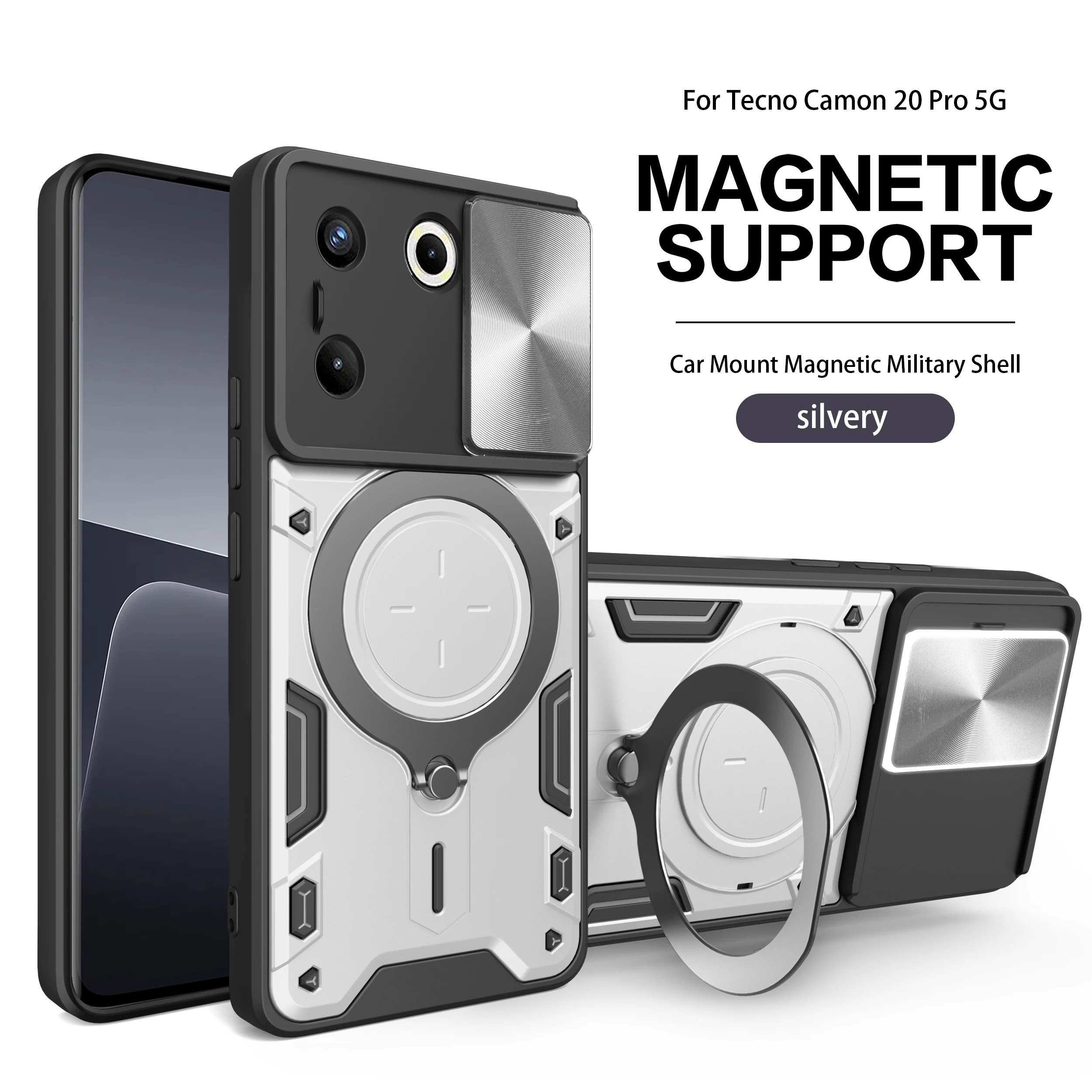 Heavy Duty Rugged Armor Phone Case with Magnetic Bracket and Slide Camera Protection Cover