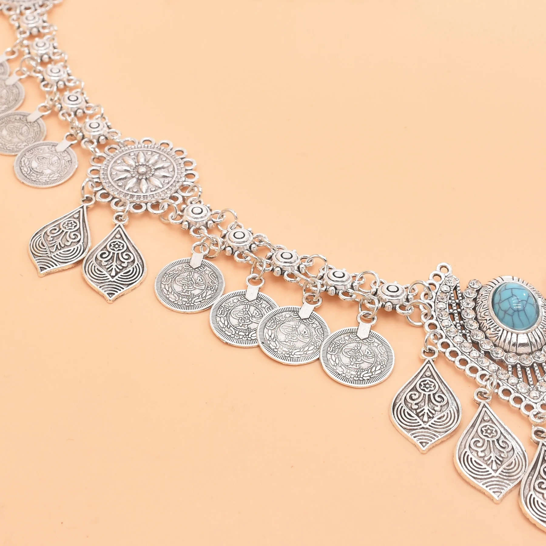 Retro-Imitations-Türkis-Strass-Anhänger-Taillenkette mit Münzquasten – Körperschmuck, Bauchketten, Arabische, Türkische, Kurdische, Indische Gürtel – Detail 8