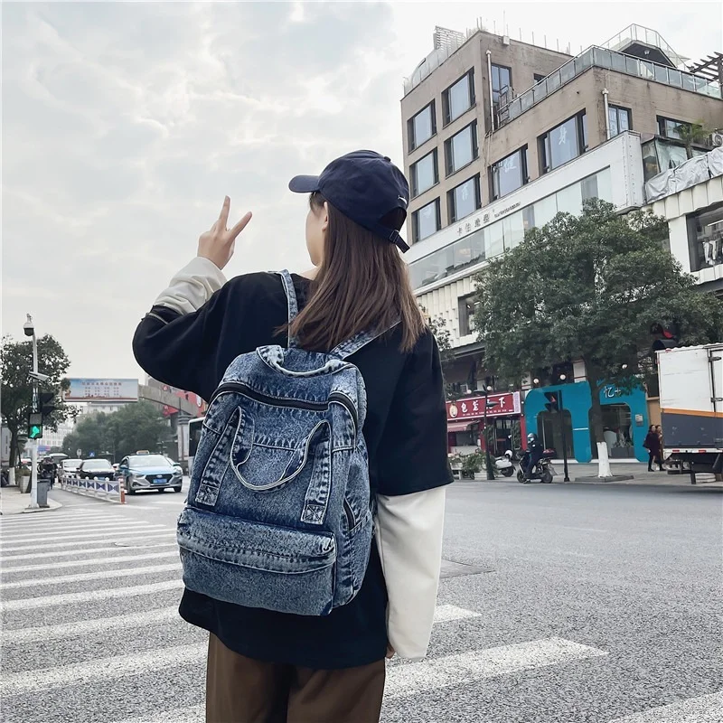 Denim Women Backpack Retro Travel Bagpack Large Capacity Backbag