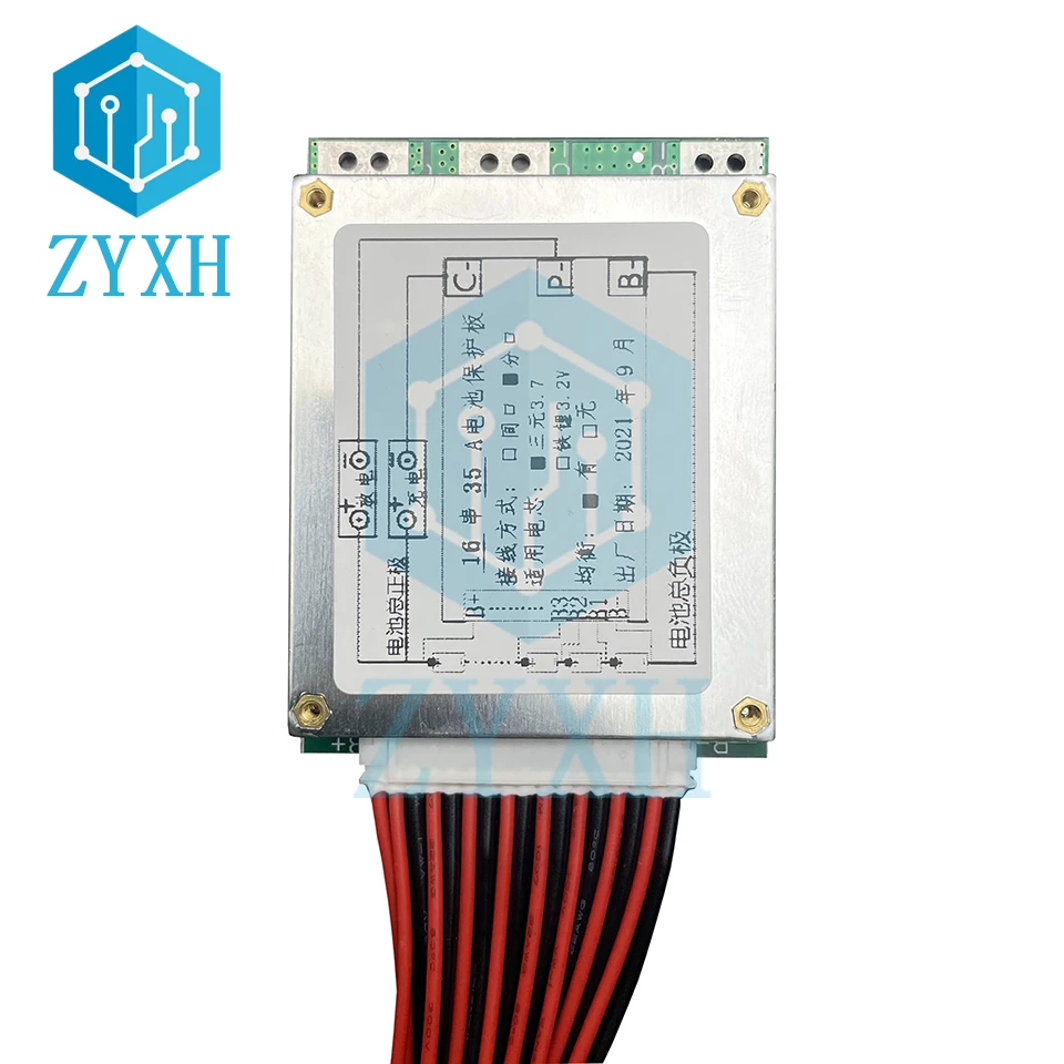 BMS 16S 48V 35A pour batterie lithium-ion installé sur un bloc de cellules