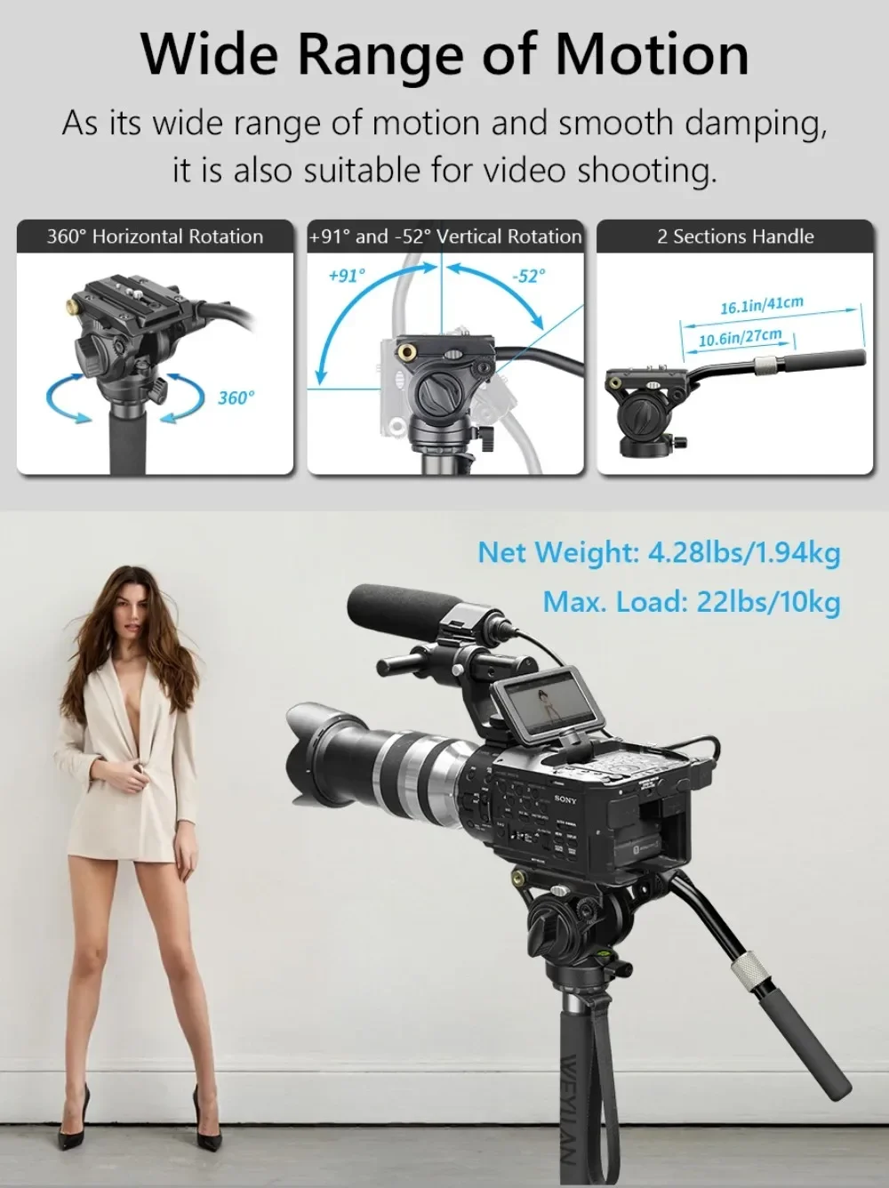 KA7 Professional Video Monopod Kit Unipod and Fluid Head Travel Tripod Stand Tel