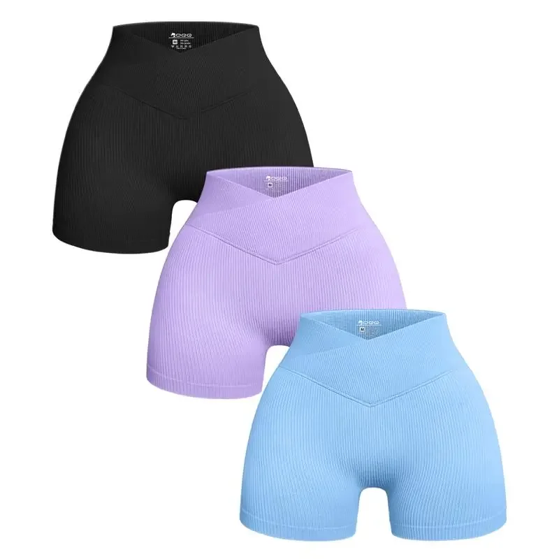 

Women's 3 Piece Yoga Shorts Ribbed Seamless High Waist Cross Over Athletic Leggings Woman Comfortable Breathable Quick Dry