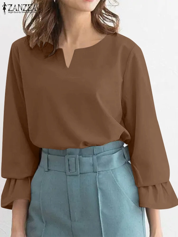 

ZANZEA Women Luxury Blouse Chic Solid Flare 3/4 Sleeve Tops Vintage V-Neck Party Tunic Elegant Casual Shirt 2024 Spring Blusas