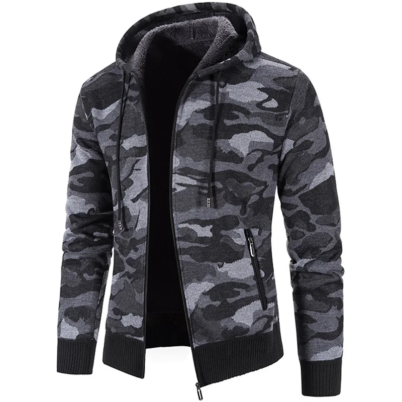 Knitted Jacket Men's Korean Autumn and Winter Plush and Thickened Outerwear Camouflage Trend Sweater Upper garment Men's Cardiga