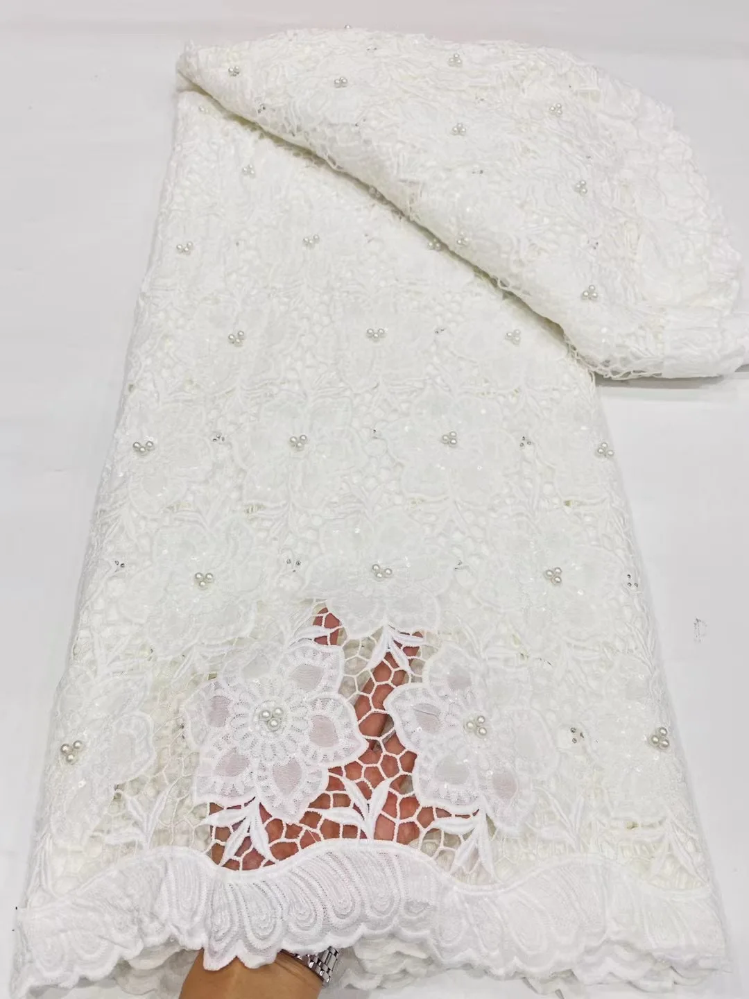

African Pure White Guipure Cord Lace Fabric French High Quality Water Soluble Pearls Net Lace Fabric For Wedding Birthday Dress