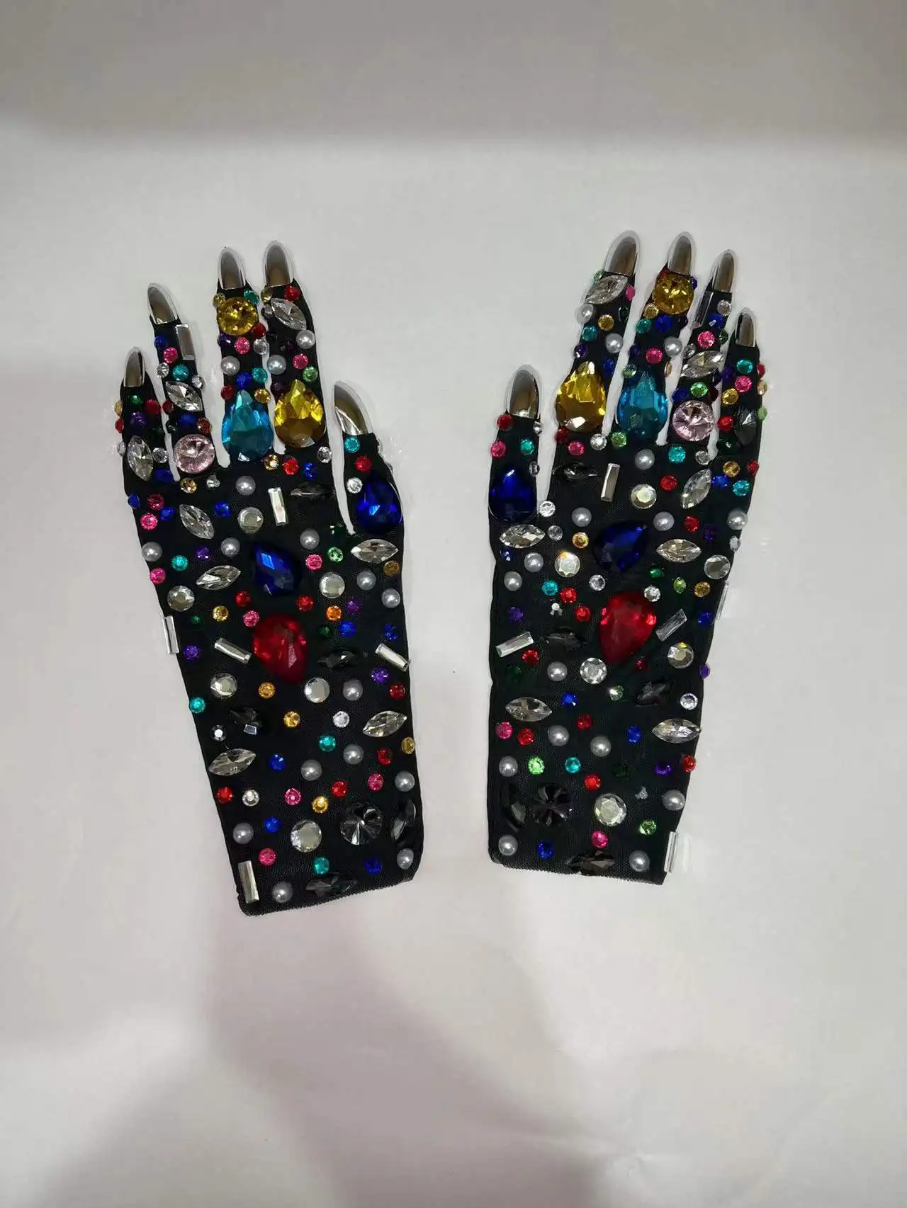 

Luxurious Colorful Rhinestone Mesh Gloves Shining Crystal Short Gloves Nightclub Party Outfit Stage Performance Show Accessories
