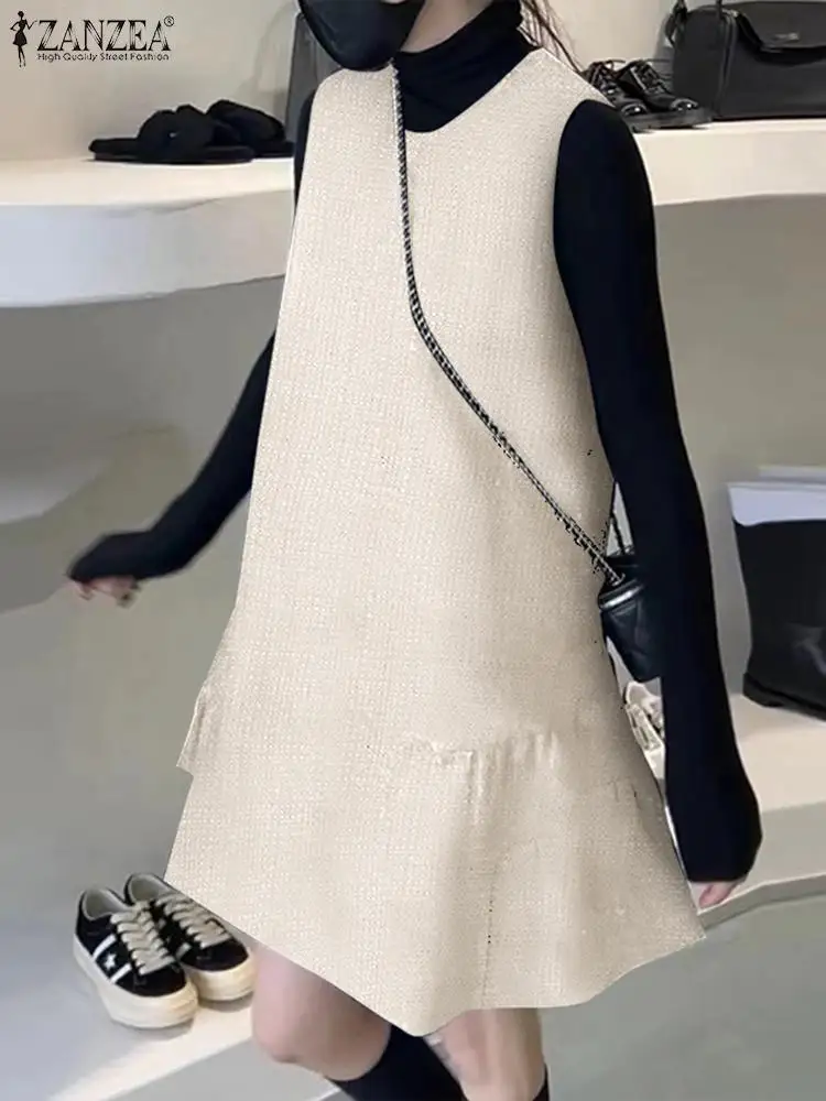 

Женское твидовое платье ZANZEA, винтажное однотонное платье-мини без рукавов, короткое платье для отдыха, осень 2024