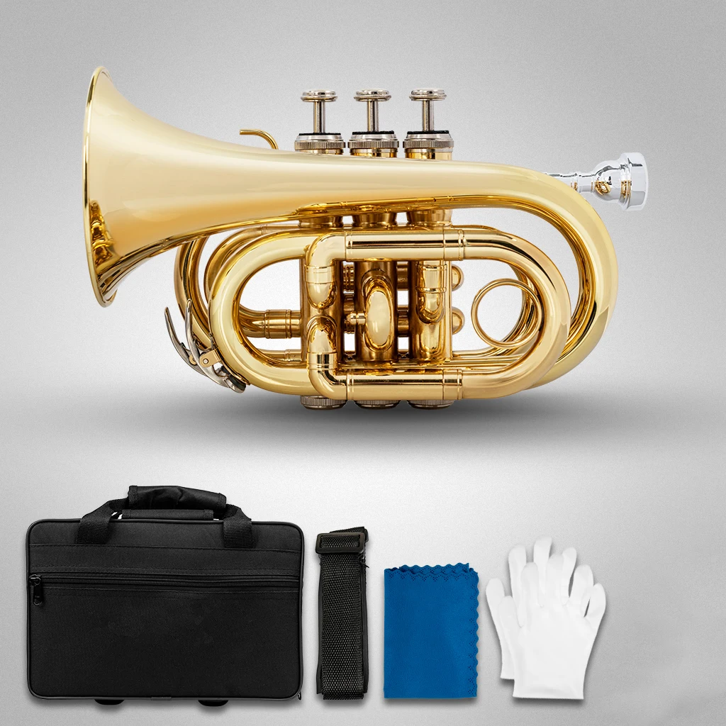 Professional Pocket Trumpet Tone Flat B Bb Brass Music Instruments Mouthpiece Gloves Cloth Brush Grease Case Woodwind Instrument