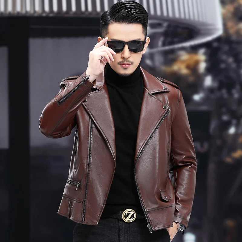 2024 Autumn Winter Men New Slim Fit Leather Coats Men's Real Sheepskin Outerwear Male Short Motorcycle Jackets M139
