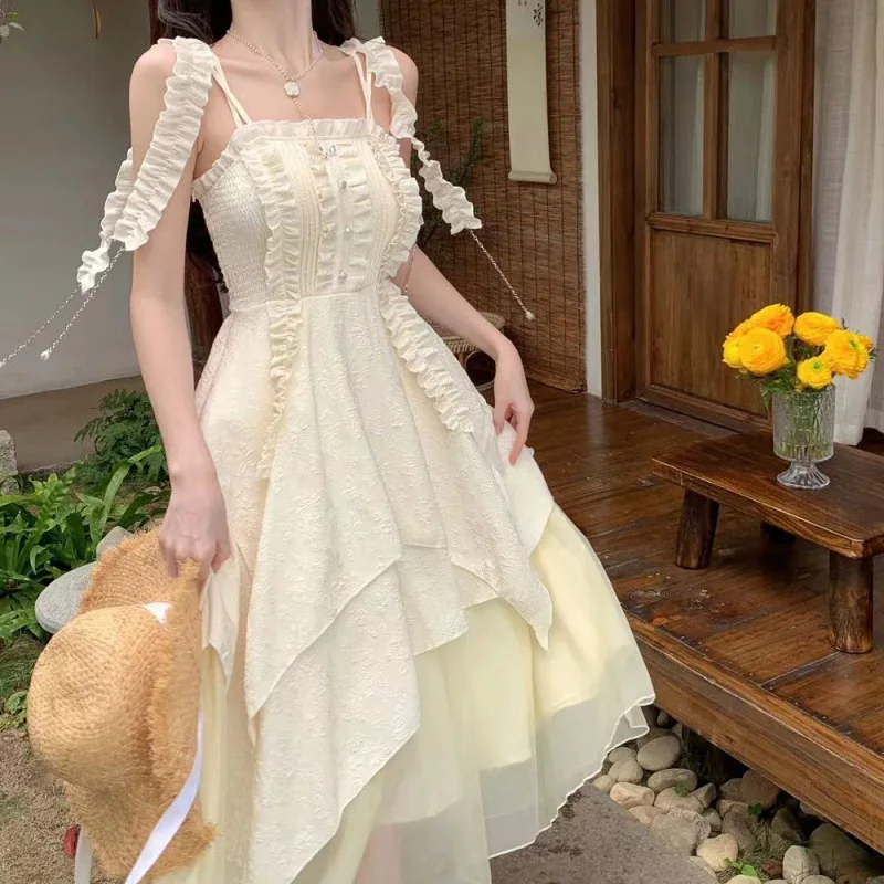 

Summer French Strappy Dress Wood Ear Design Sleeveless A-line Midi Dress Ladies Elegant Party Dresses Korean Evening Dresses