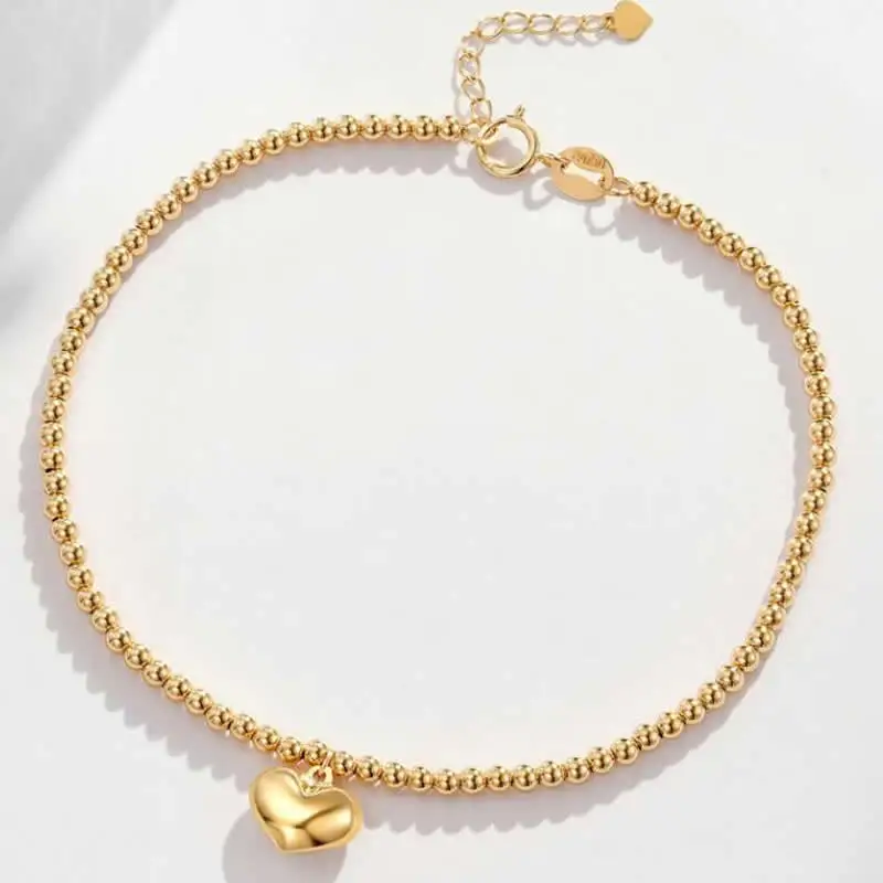 

New 18K Yellow Gold Bracelet Women AU750 Gold Beads Heart Bracelet