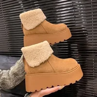 Fashionable Thick Bottom Short Snow Boots Women's Winter New Style Fleece Lined Plush Cotton Shoes Casual round Toe Boots
