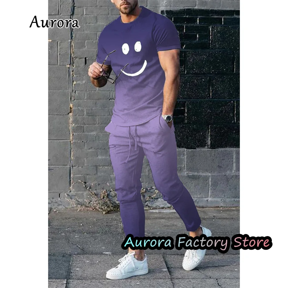 Summer Men's Noble Purple Tracksuit Lovely Smile T-Shirt Trousers Set Gradient Color Jogging Suit Casual Outfit Male Clothing summer men s haze blue tracksuit lovely smile t shirt trousers set harajuku style jogging suit casual outfit male chic clothing