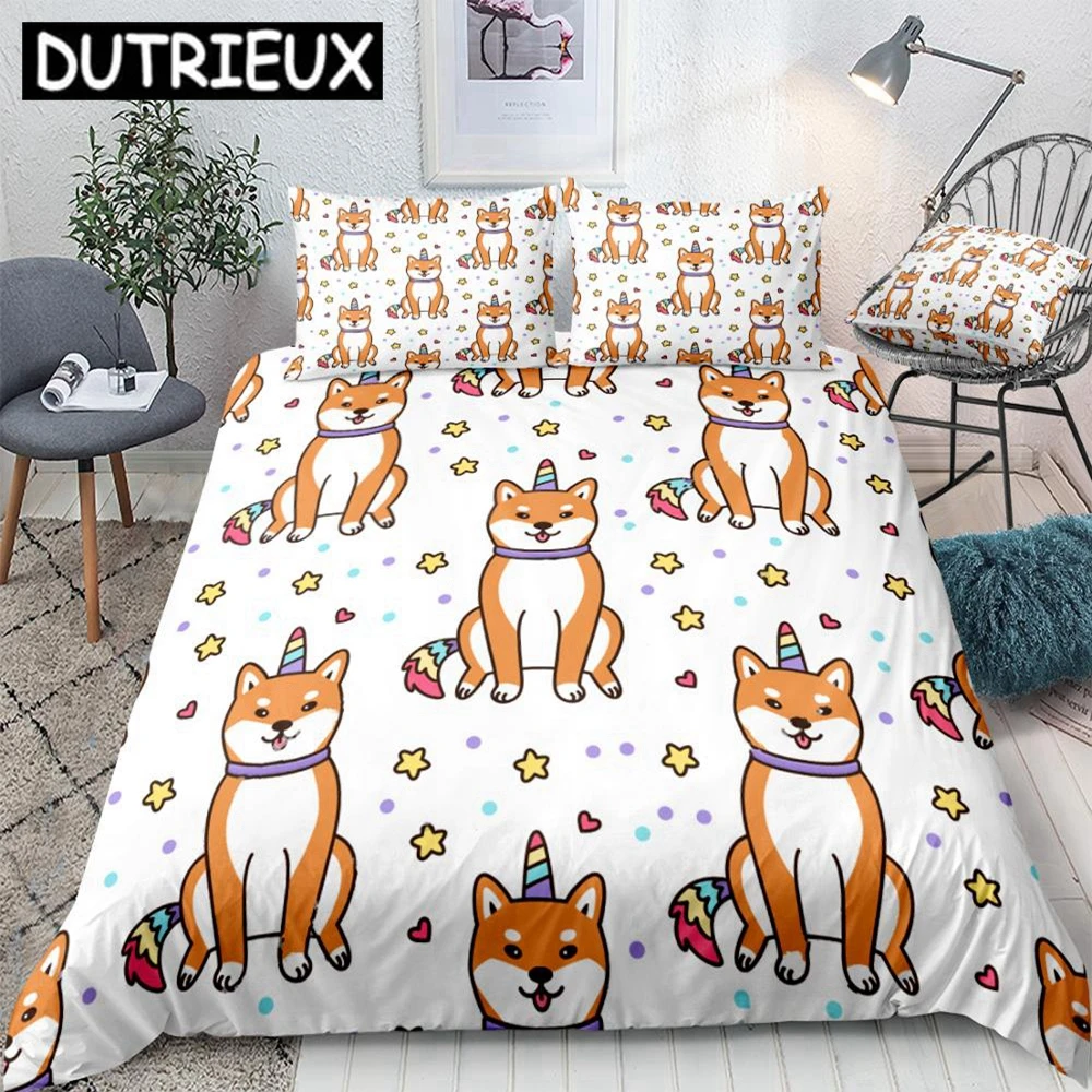 

Shiba Inu Duvet Cover Set Cartoon Dog Bedding Set For Kids Pet In Unicorn Bedclothes Puppy White Home Textile Drop Ship