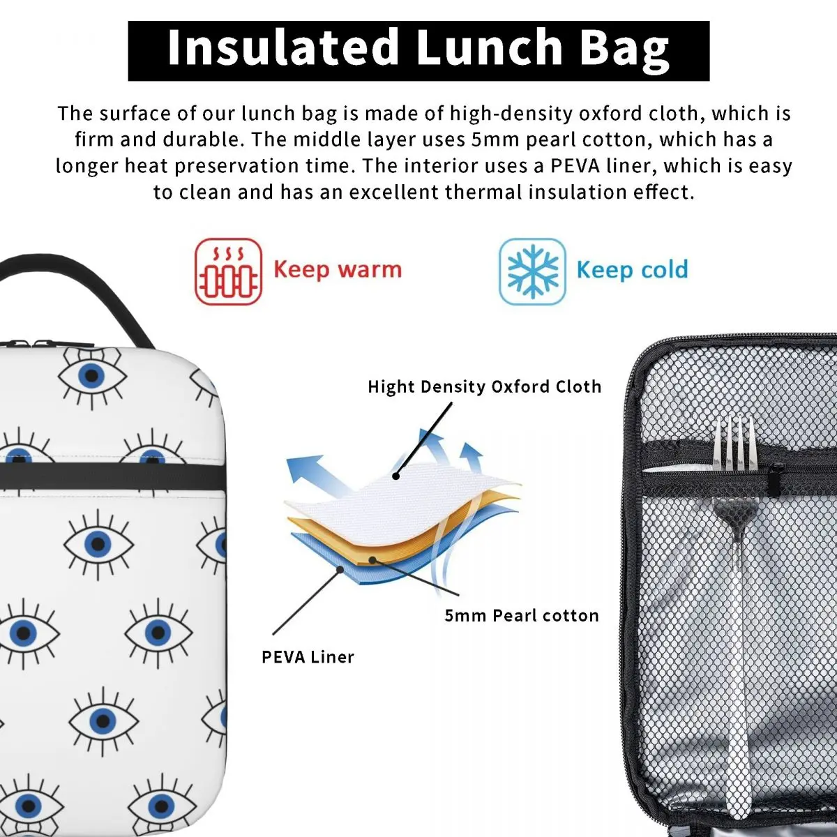 Blue Turkish Evil Eye Insulated Lunch Bag Outdoor Picnic Nazar Amulet Boho Waterproof Thermal Cooler Bento Box Women Children