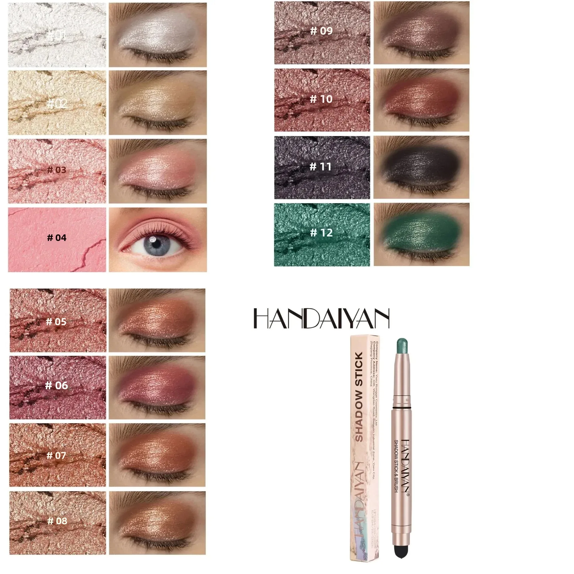 12 Farben wasserfester Lidschattenstift, langanhaltend, metallisch schimmernd, Highlighter-Creme-Stift mit Pinsel und Doppelkopf_voghion.com
