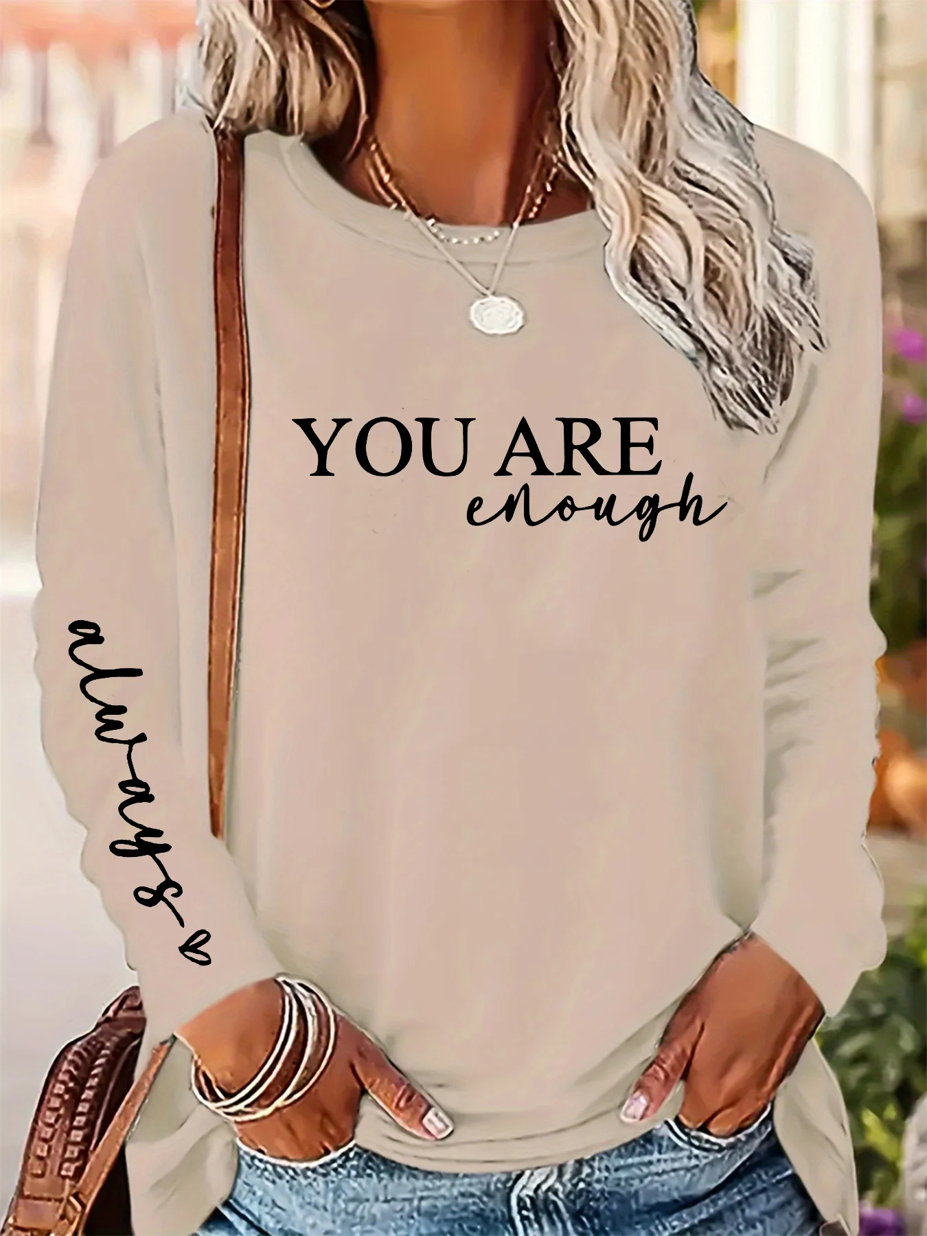 Women's Spring and Autumn 100% Cotton Fashion Casual Loose You Are Enough Printed Round Neck Long Sleeve T-shirt Top