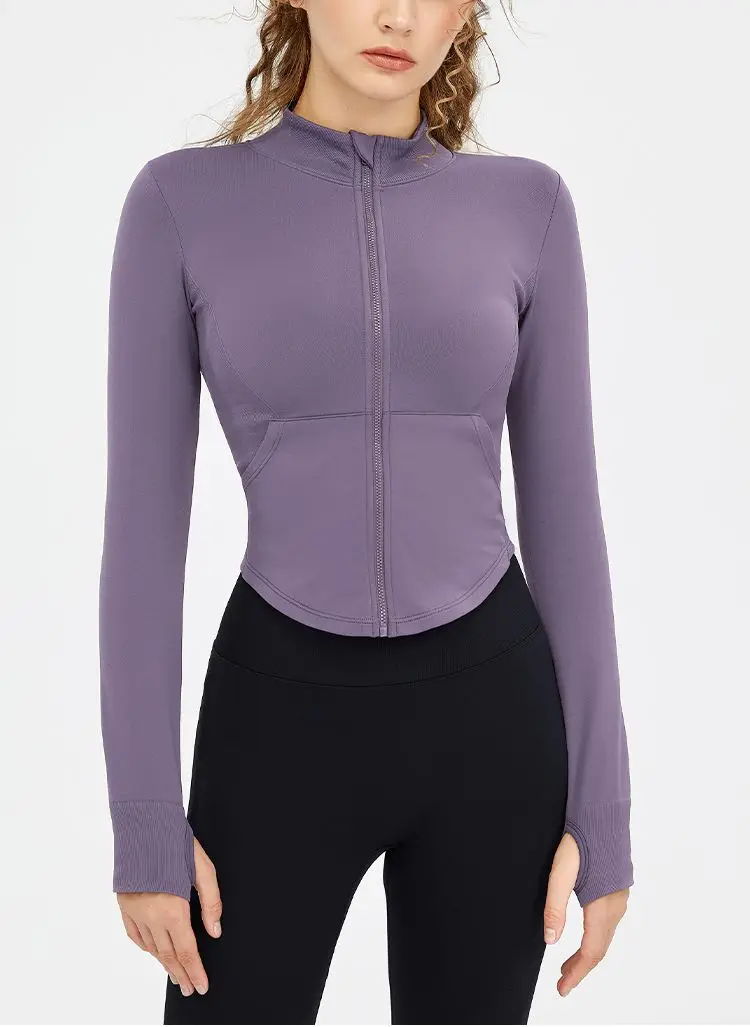Spring Autumn Women Yoga Top Casual Sports Short Coat Stand Collar Run Quick Dry Simple Slim Fit Finger Cuff Design Slim