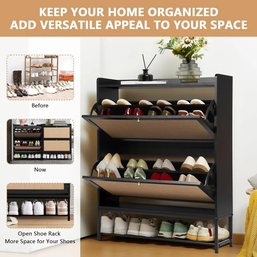 Shoe Cabinet for Entryway, Black Slim Shoe Cabinet with 2 Flip Drawers Narrow Shoe Storage Cabinet, 2 Tier Freestanding 6