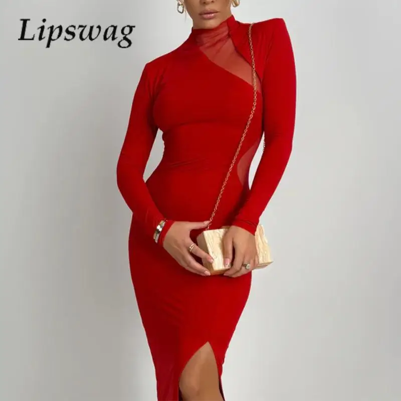 

Fashion New O Neck Perspective Splicing Long-Sleeved Dress Sexy Hottie Tight High Split Long Dress Women Solid Club Party Dress