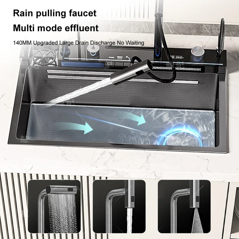Stainless Steel Waterfall Kitchen Sink Honeycomb Scratch Resistant Right Drain Wash Basin Large Single Slot Smartphone Holder 5