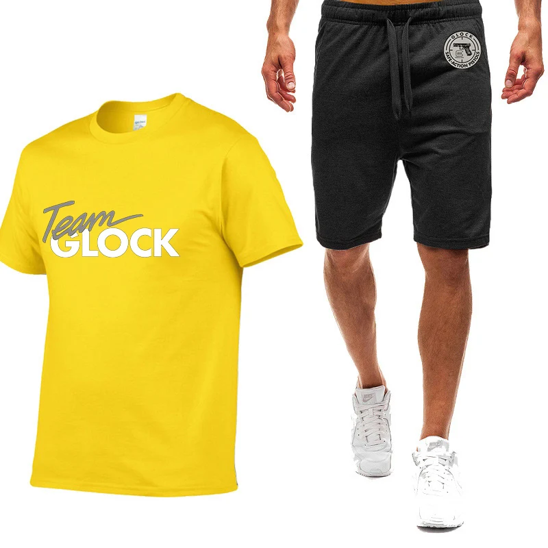 2023 Fashion Summer New Glock Perfection Shooting Print Round Neck Loose Short Sleeve+Casual Sweatpants Solid Color Classic Sets