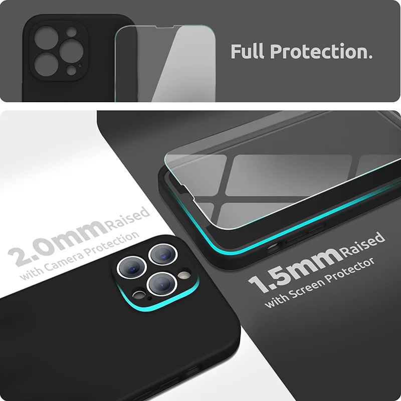 Black Shockproof Soft Phone Case with Tempered Glass Protective Cover