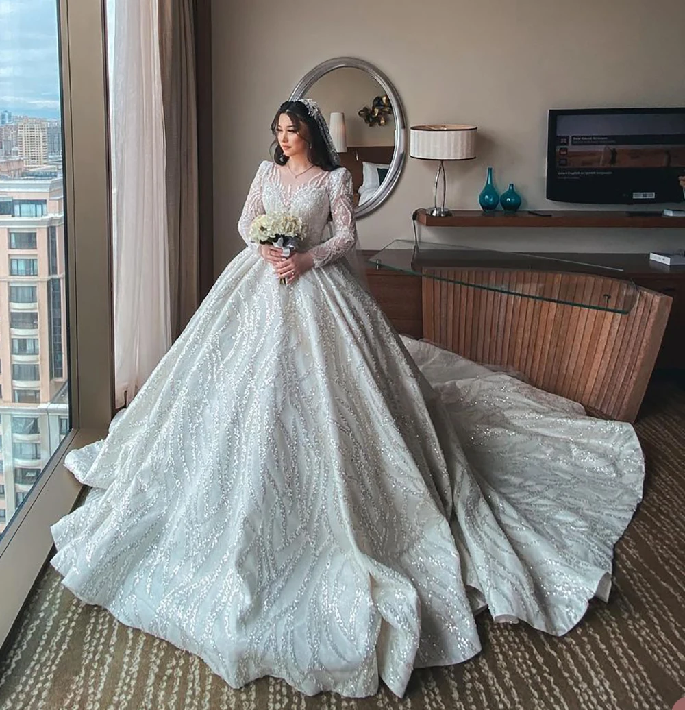 

Muslim Ball Gown Wedding Dress Bling Sparkly Sequined V Neck Long Sleeve Bride Dresses Vestido Casamento Lace Bridal Gowns