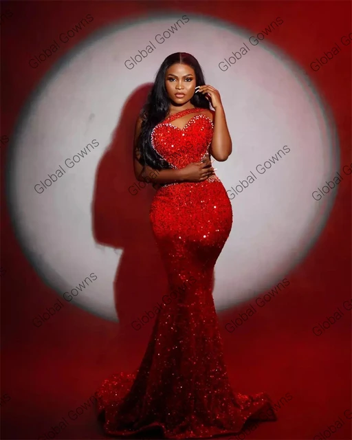 Red One Shoulder Long Prom Dress For Black Girls 2023 Sparkly