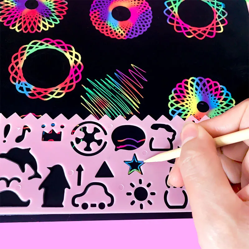 Rainbow Scratch Art Paper Sheets Kit for Kids - Creative Drawing Pads with Stencils