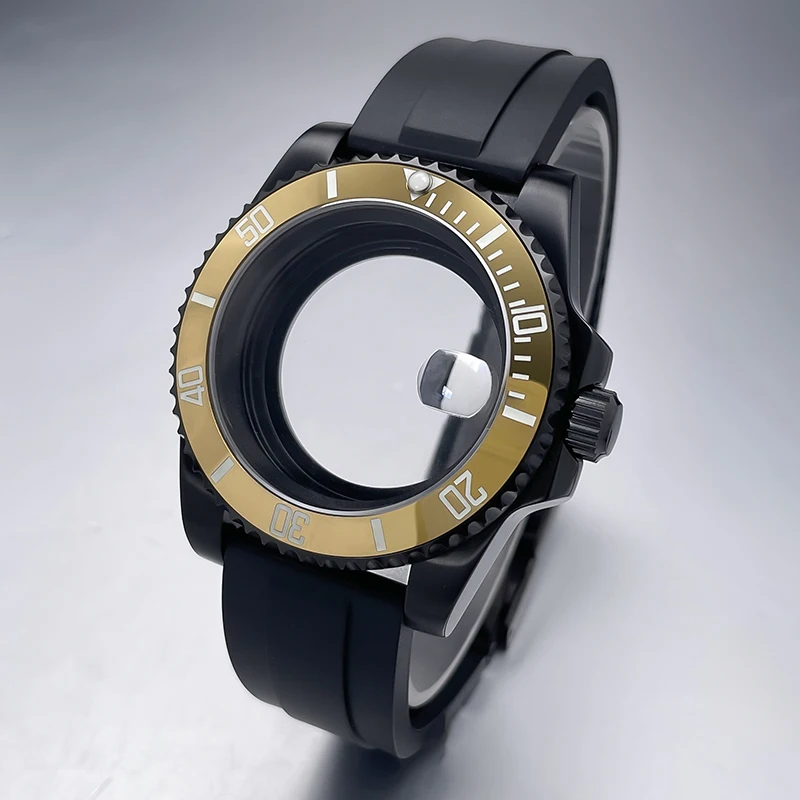 All-Black Sub Style Watch Case with Rubber Strap and Sapphire Crystal