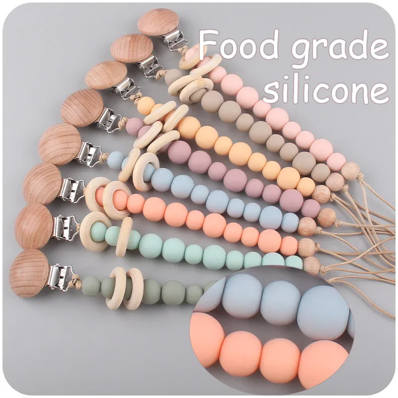 Pacifier Chain Clips Pacifier Accessories Teether Clip Baby Pacifier Clips Silicone Beads Wooden Ring Infant Nipple Appease Soother Chain Dummy Holder