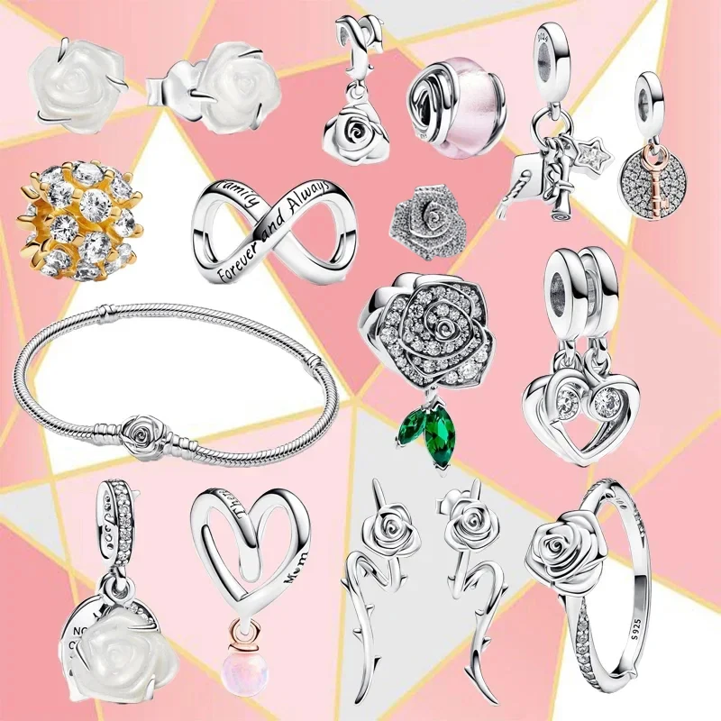 

Новинка Весна 2024, кольцо S925, серебряные двухцветные металлические вращающиеся серьги в форме сердца с розой, Женский изысканный браслет с биркой