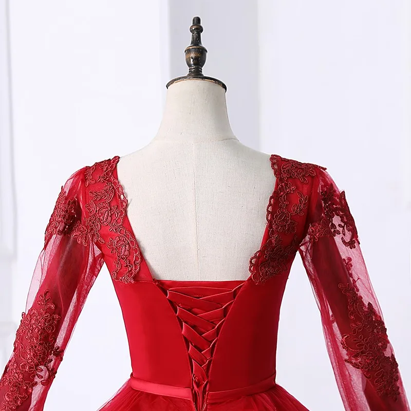 Long Sleeve Belt Lace Quinceanera Dress With Sweep Train Luxury Party Prom Dress Plus Size Vestidos 15 For Girl Customized