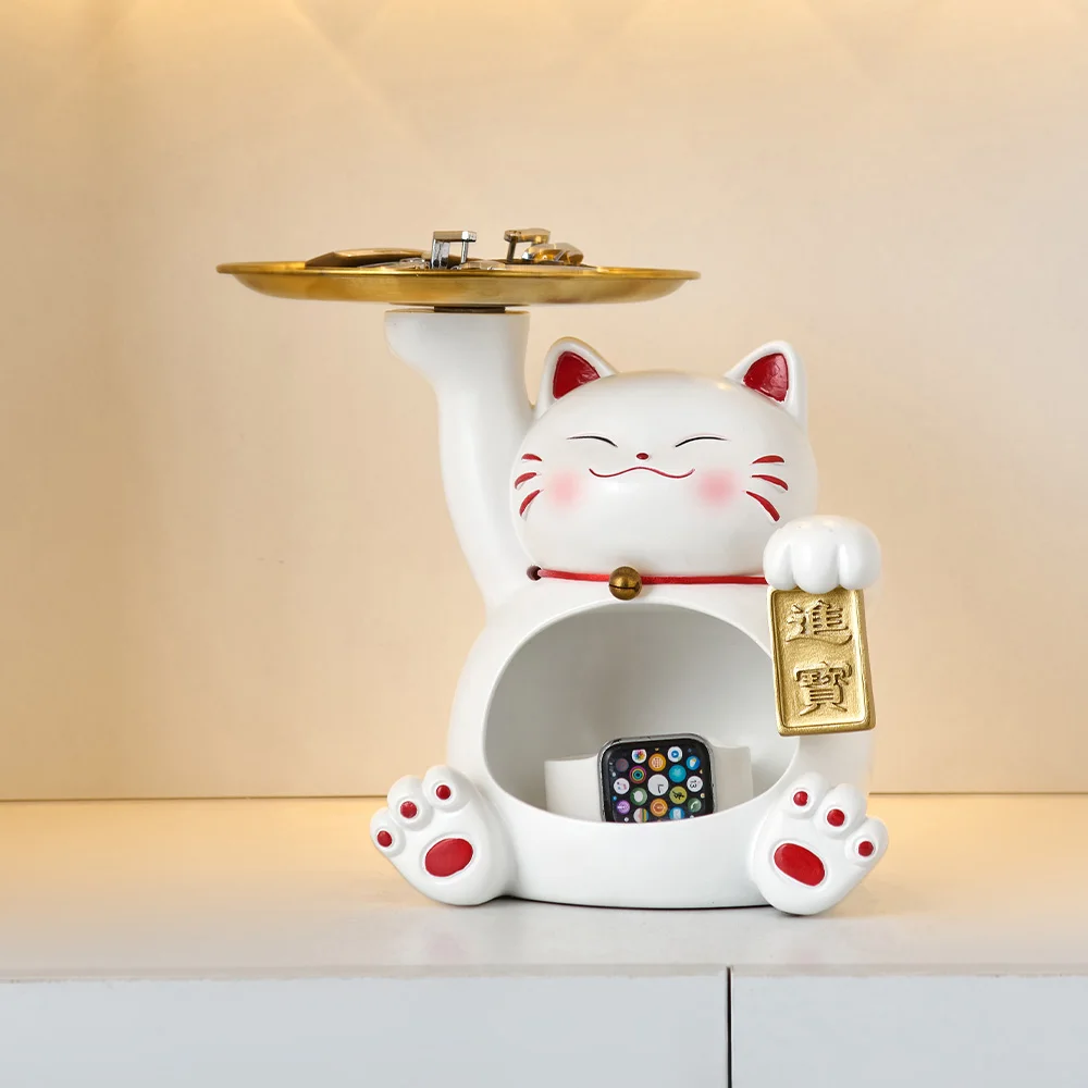 

Lovely Style Resin Maneki Neko Storage Lucky Cat Tray Sculpture and Figurine Home Decor Cute Room Decor Desk AccessoriesGift
