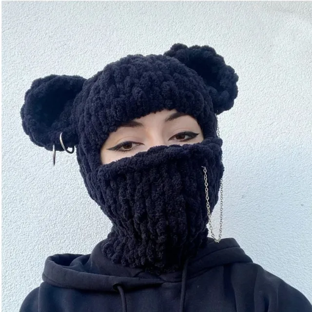 2024 Big Rabbit Ears Knitted Hat Thick Warm Fleece Hat Mask